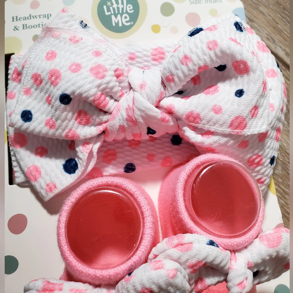 Little Me Pink Polka Dot Infant Bootie and Headband Set